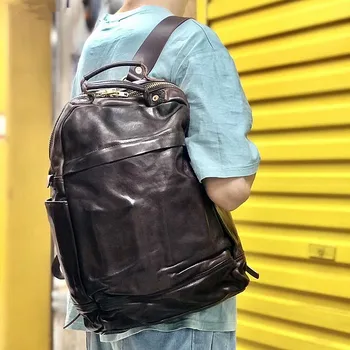 Veliki prostran Muški ruksak od bičevati u retro stilu, kožni ruksak ručni rad, muška teška industrija, stara muška torba od kože štavljenje biljnog