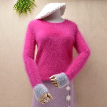 Zimski Top mujer femme, однотонный slatki ružičasti džemper dugih rukava i okruglog izreza, tanak džemper od mink, кашемировая вязаная odjeća, ženske bluze