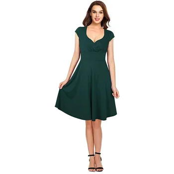 Proljeće-ljeto tamno zelena haljina s V-izrez i Kratkim rukavima dužine do koljena, Винтажное Elegantan haljinu