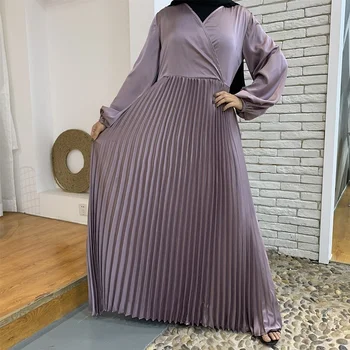 Id Атласное Haljina Hidžab Abaja za Žene Moda Stola Dekolte Dugi Rukav Zona Nabrane Haljine Muslimanski Islamski Dubai Turska