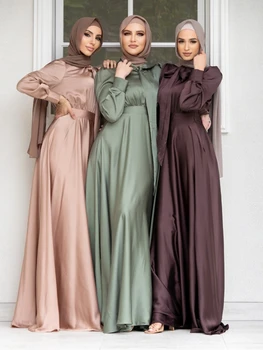 Muslimanske Ženske haljine Satin Абайя Dubai Turska Maroko Kaftan čipka-up Večer Kaftan Ogrtač Duge Islamske Haljine za Žene Vestidos