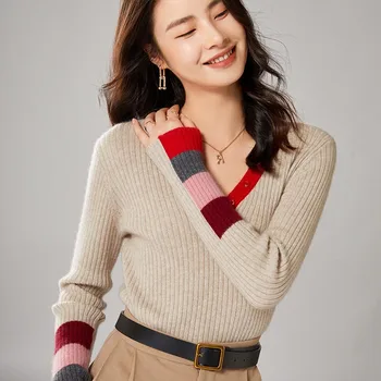 Ženski pulover 2021, novo zime, 100% vuneni džemper, casual kašmir pulover s V-izrez, ženski pletene top, vruće