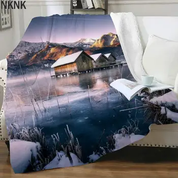 NKNK Бранк Zimsko Jorgan Planine 3D Print Kuće Pokrivači Za Krevete Krajolik Prekrivač Za Krevet Sherpa Pokrivač Moda Premium