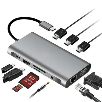 Priključne stanice Type-c s podrškom za HDMI-kompatibilnu VGA RJ45 PD USB 3.0 hub Deset u jednom više-uslužnom hub