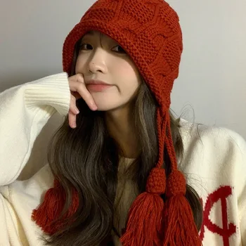 Crvena Kolos zaštite kapa jesen i zima toplo kineski stil kićanka pulover kapa pleten student zaštita uha mornarska kapa
