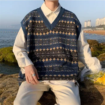 Muški džemper, prsluk u stilu харадзюку s V-izrez u retro stilu, pletene prsluk, jesenski korejski modni par majica