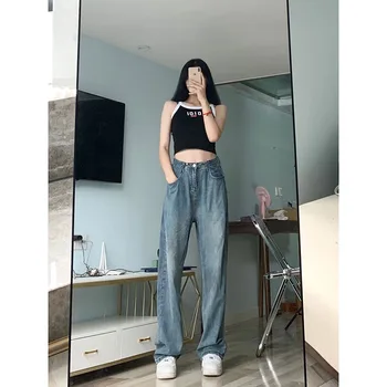 Ženske Hlače Ulične Mode Y2K hlače S Visokim Strukom Korejski Plave Ravne Berba Svakodnevne Široke hlače u stilu hip-Hop Traper Hlače
