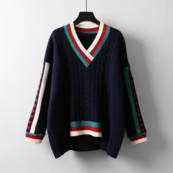 Ženski Džemper dugih rukava i V-izrez, Kontrast Pulover s Twist Divlje Boje, jesensko-zimski Modni Pletene Džemper 2021