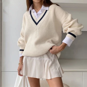 2022 Ausschnitt Damen College-Stil koreanischer Langarm-Pullover Damen High Street Herbst / Winter-Pullover