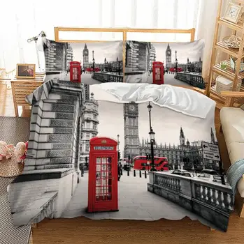 Set posteljine Romantični London City Poplun Deka Jastučnicu 2/3 kom. Novost Dar Pariz Toranj Crveni Auto Print Poliester