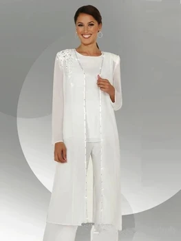 Bijele haljine Za majke Nevjesta Od Šifon-Kutija, Izvezena Perle, s Жакетом, Nogavica Odijelo, Duge Haljine Za Majke Nevjesta Za Vjenčanja