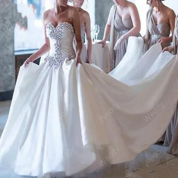 Moderne Vjenčanice S Kristalima i Perlicama U obliku Srca, Satin Vjenčanica Trapeznog Oblika S Vlakom, Vestidos Elegantes Para mujer